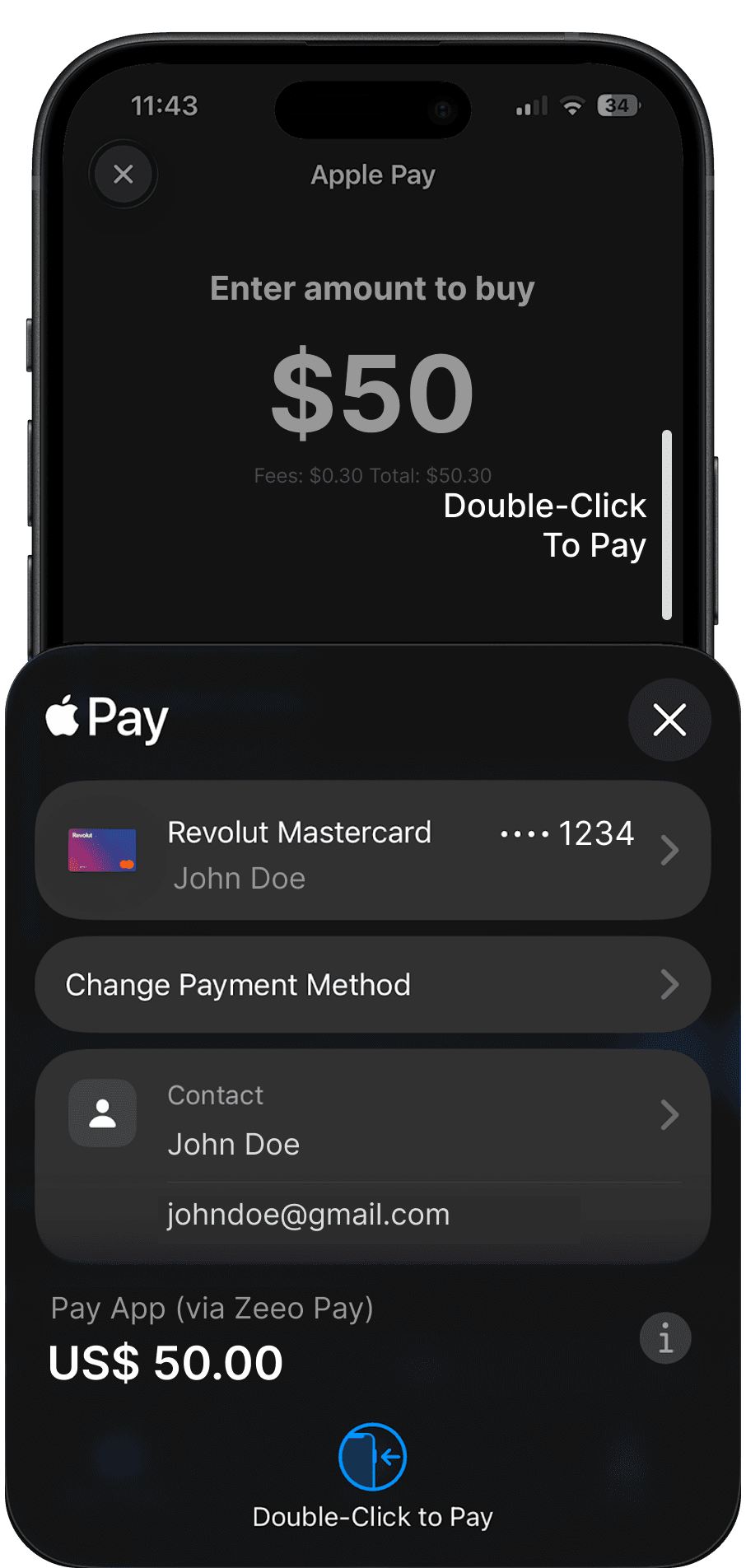 Zeeo Apple Pay checkout on iPhone